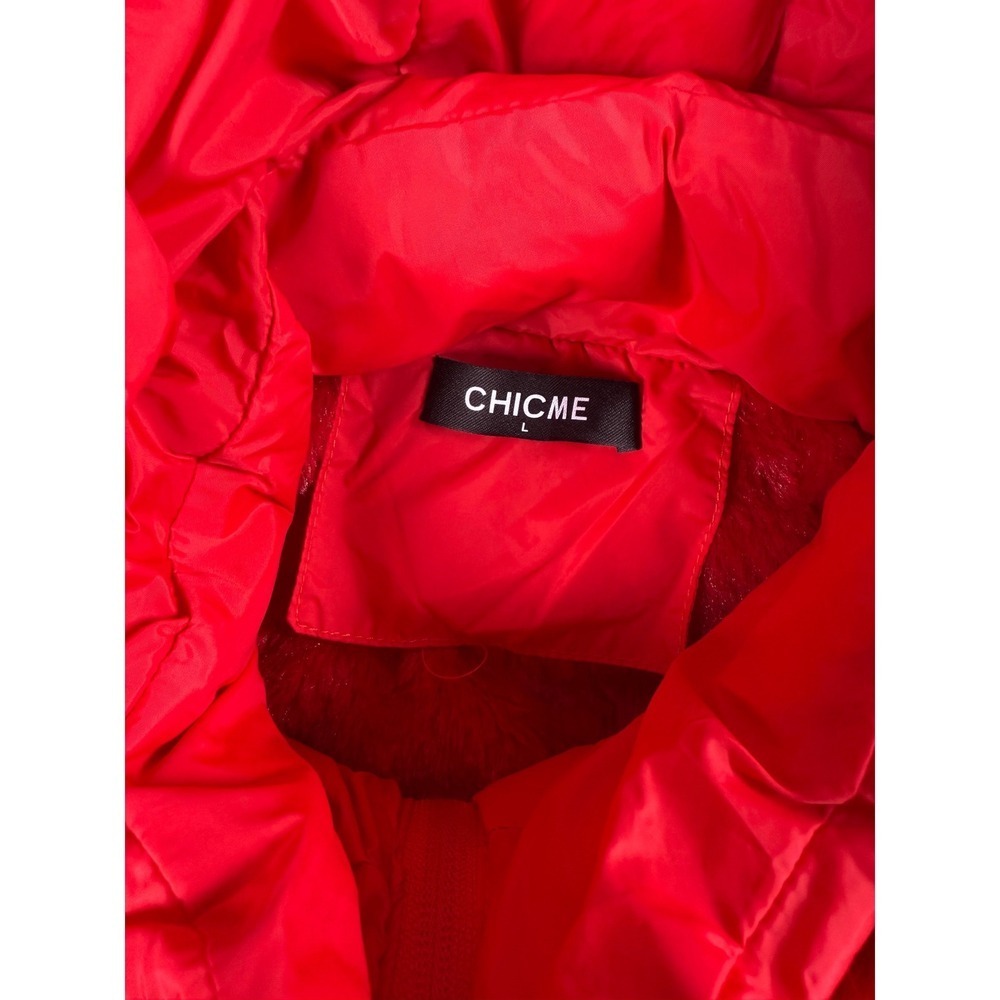 CHIC ME Women's Red Puffer Jacket Faux Fur Hood Quilted Zip Up Size L - Picture 4 of 8